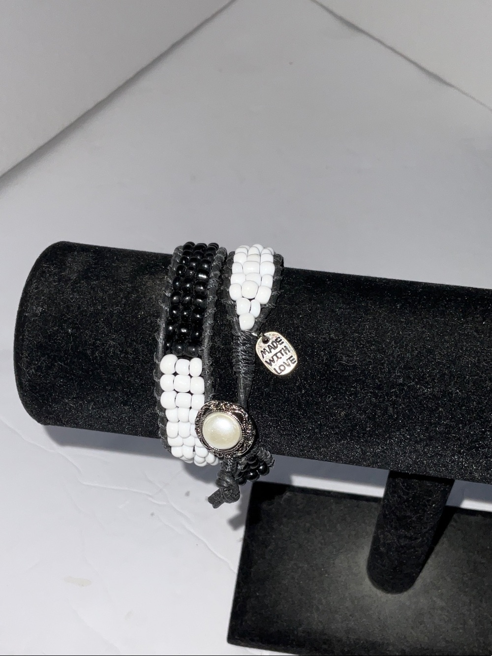Handmade Black and White Beaded Wrap Bracelet Boho Vibes